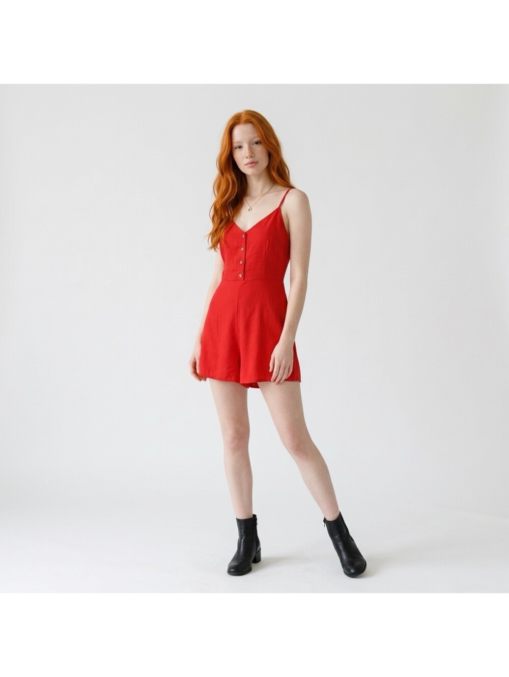 Red Sleeveless Button Front Romper with Cutout Back